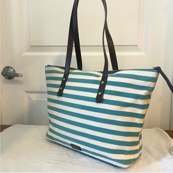 FOSSIL Turquoise Stripe Sydney Ryder Tote laptop Shoulder Bag - Picture 2 of 10